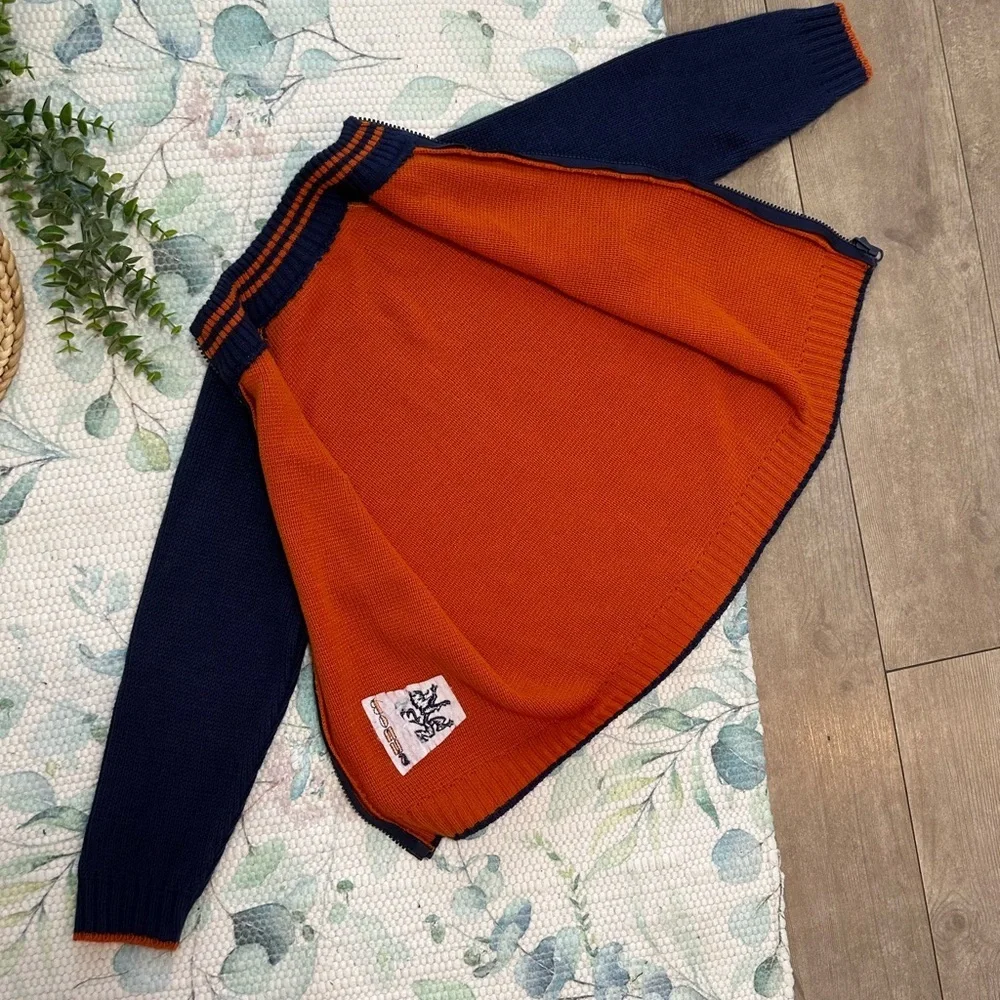 Vintage Boys Orange Navy Blue Knit Sweater Jacket Coat Size Small Netherlands
